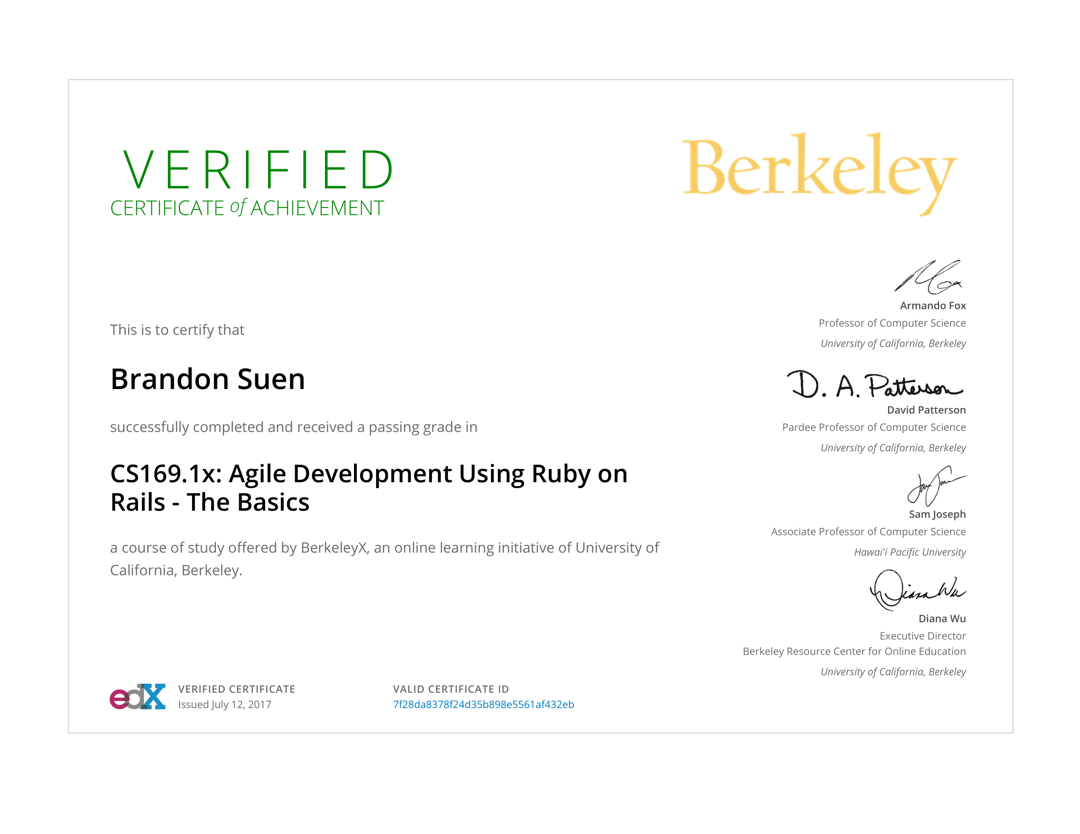 My BerkeleyX Agile Development Certification