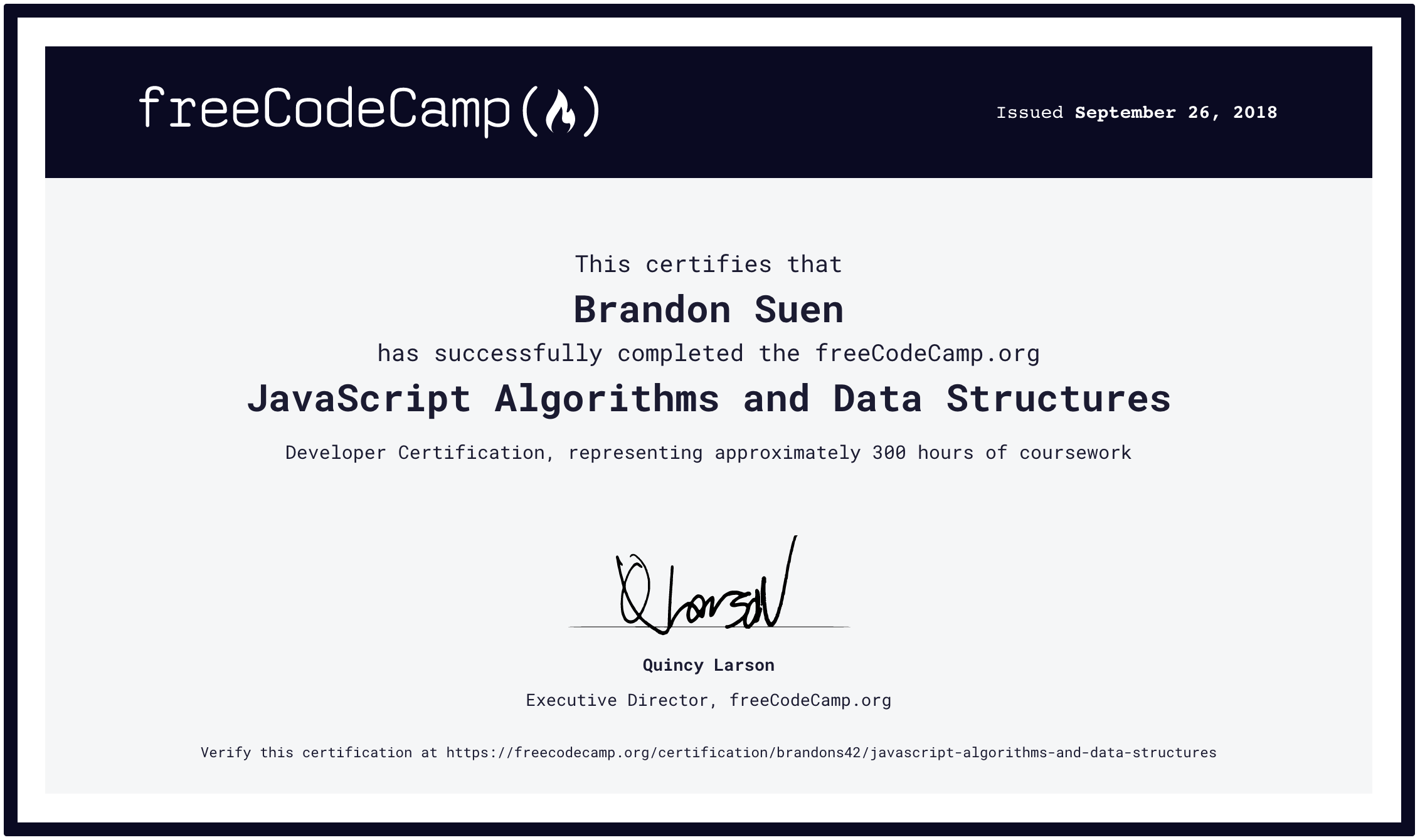 My freeCodeCamp JavaScript Algorithms and Data Structures Certification