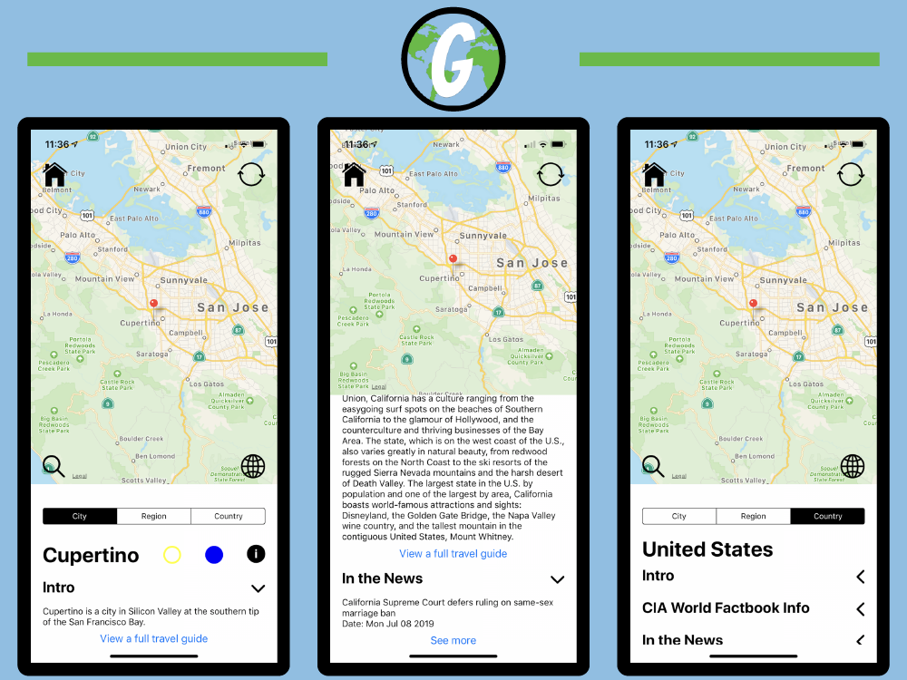 Screens from the Geographist iOS app